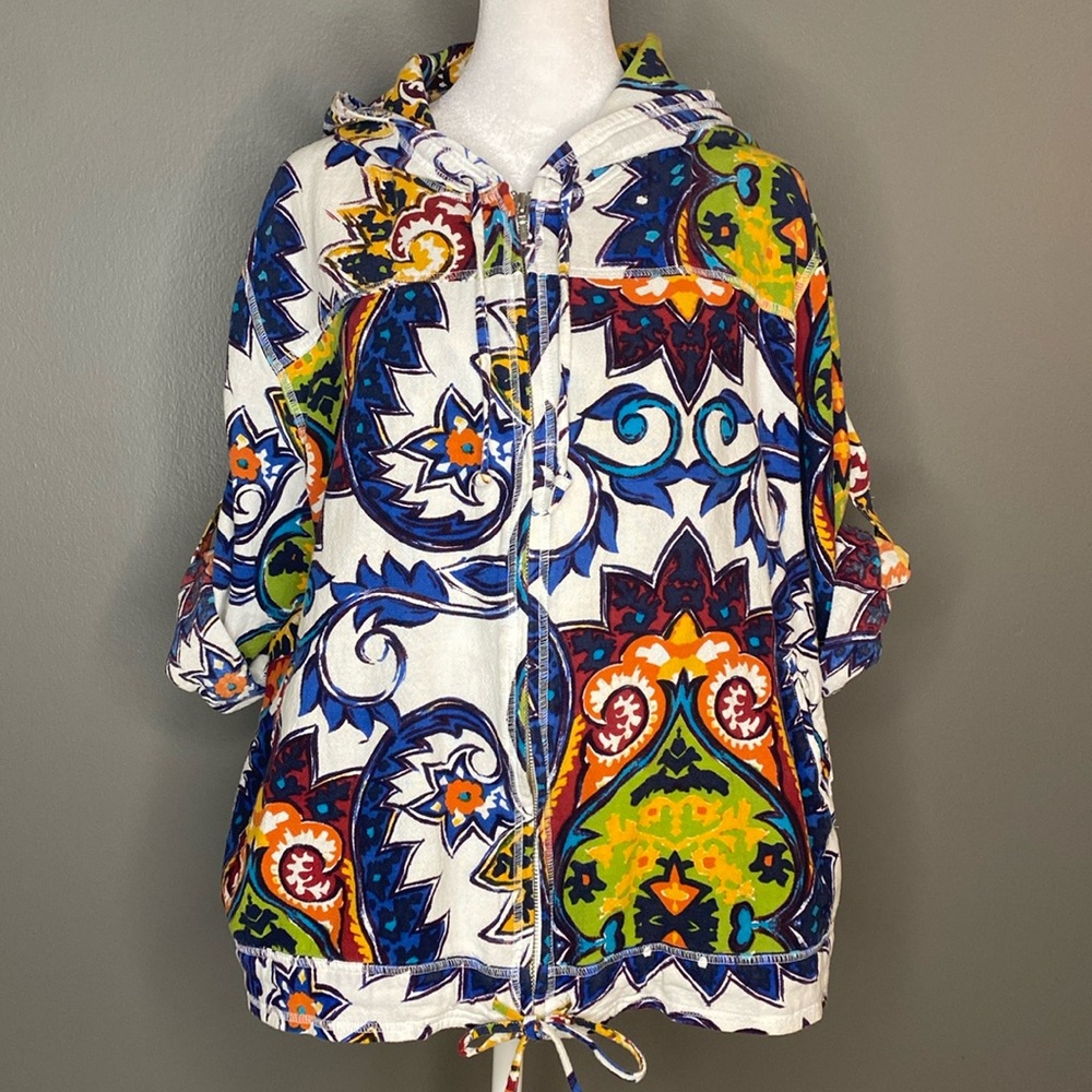 Chico's Hooded Lightweight Rolled Tab Sleeve Cotton zippered Jacket - Size XL
